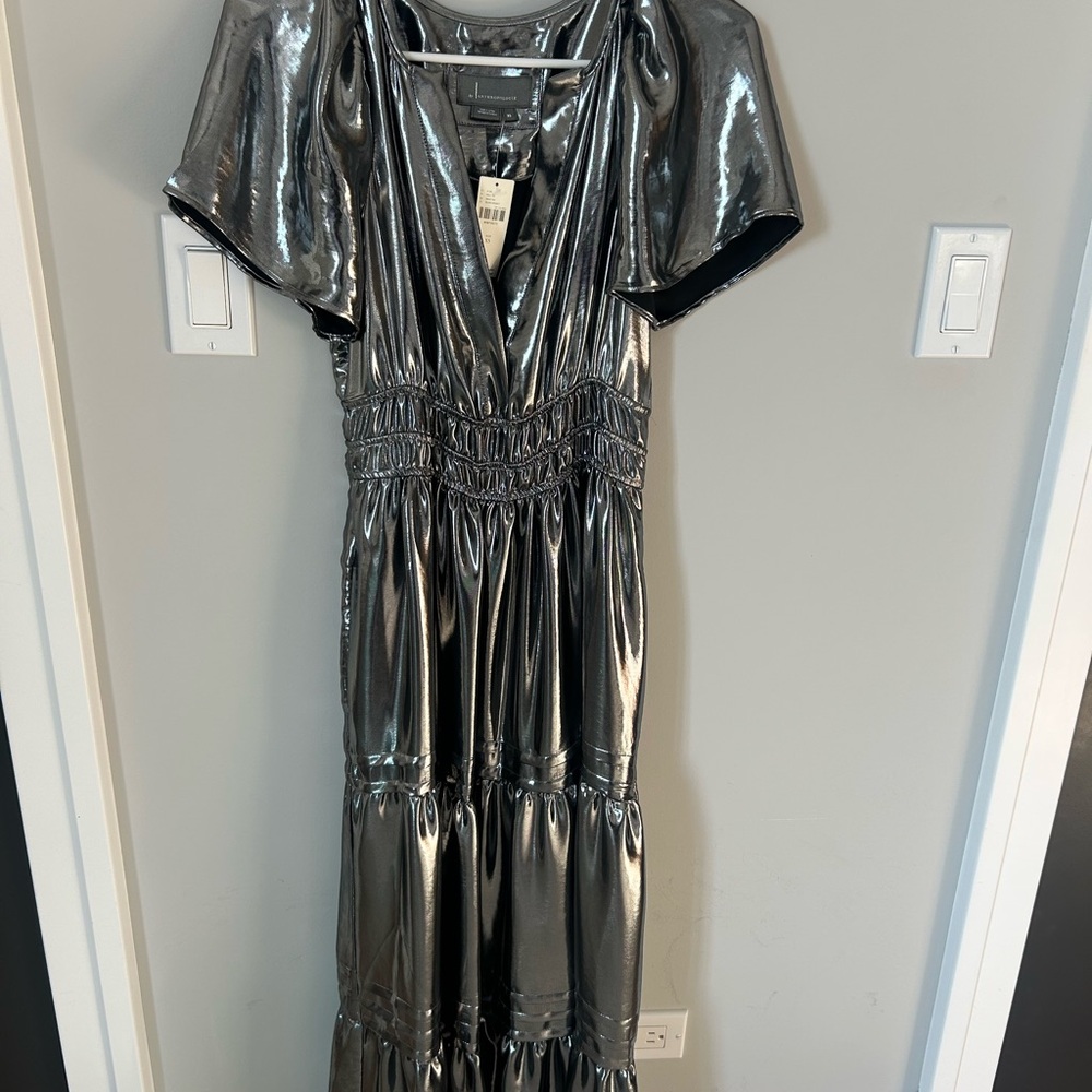 Anthropologie Shiny Silver Maxi Dress